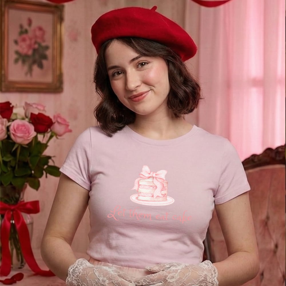A woman wearing a red beret and a pink T-shirt with a cake design above the words "Let them eat cake", standing in a vintage room with roses and pink decor, smiles warmly.