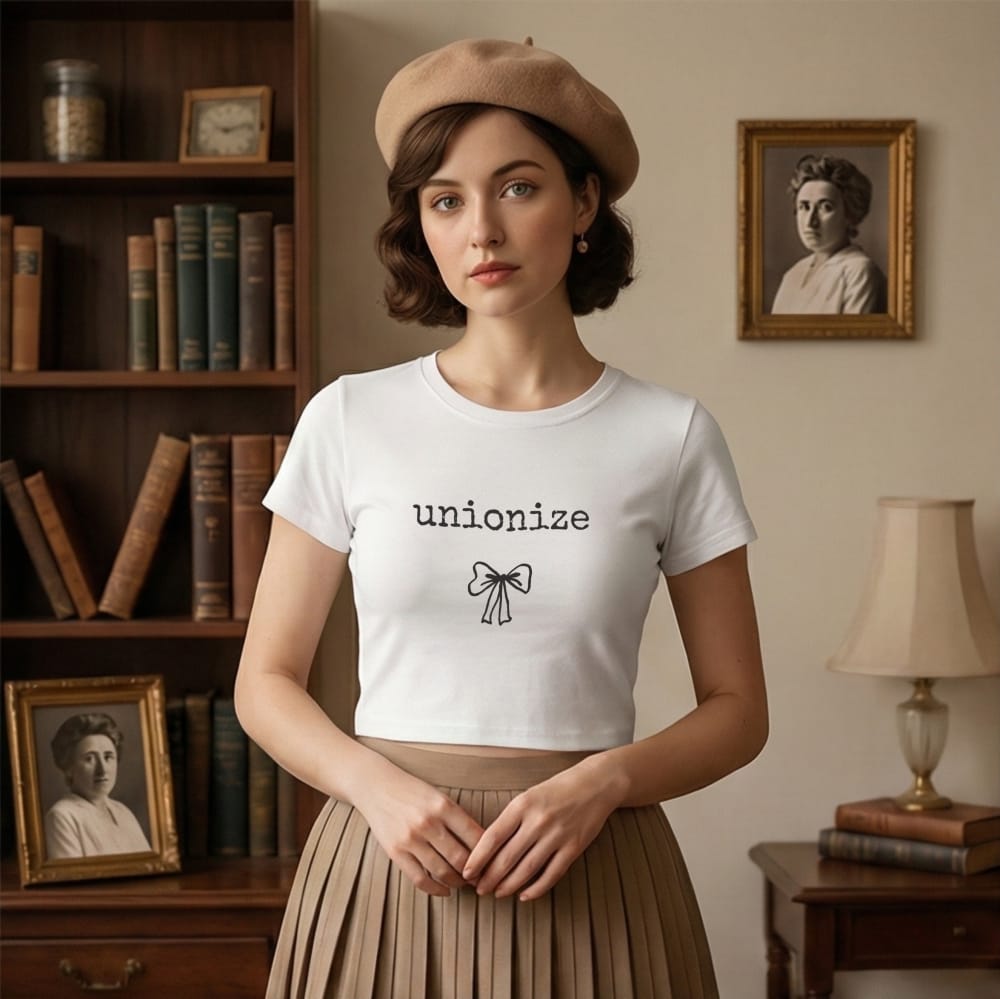 A woman in a white t-shirt and beret stands in a vintage room with a bookshelf, framed portraits, and a lamp, conveying a classic, nostalgic vibe. The shirt reads "unionize" above a simple drawn bow.